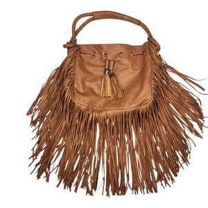 Yoki Hobo Fringe Tan Brown Shoulder Bag Large Purse Boho Western Vegan Leather